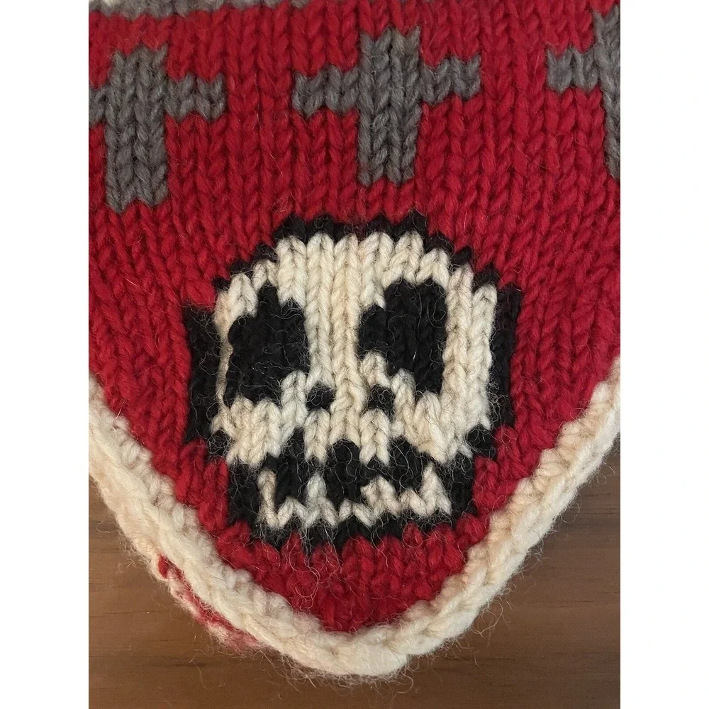 Red And Gray Wool Knit Skull Ear Flap Hat By Grace Hats‎ OS Beanie